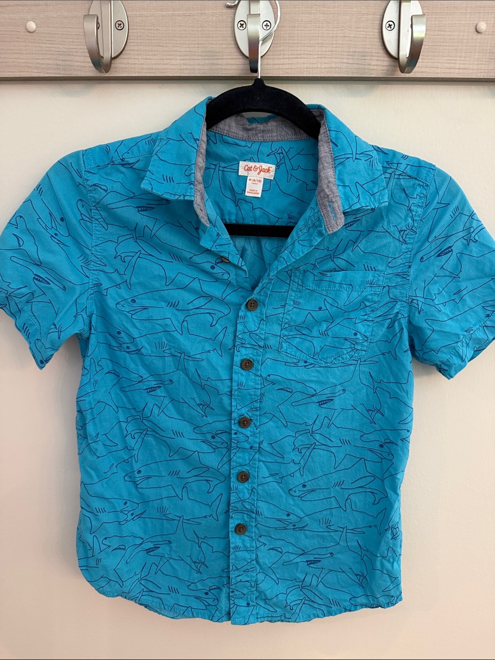 Cat & Jack Turquoise Shark-Print Short Sleeve Button-Up Shirt